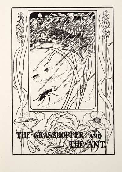 グラスホッパーとアリ、フォンテーヌ寓話、パブから。 1905 作： Percy J. Billingshurst