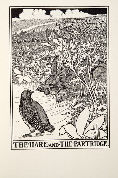 野ウサギとパートリッジ、フォンテーヌ寓話、パブから。 1905 作： Percy J. Billingshurst