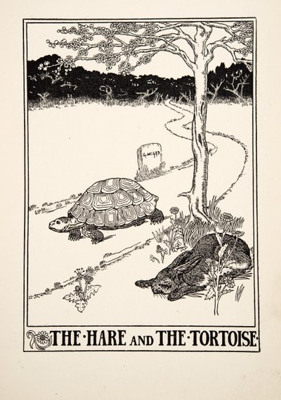イソップの百寓話からのノウサギとカメ、pub.1903 作： Percy J. Billingshurst