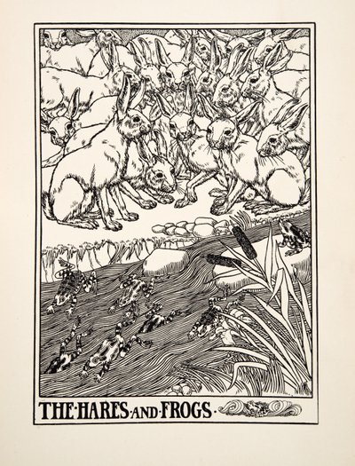 ウサギとカエル、イソップの百寓話、pub.1903から 作： Percy J. Billingshurst