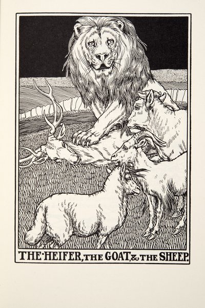 フォンテーヌ寓話、パブからの未経産牛、山羊と羊。 1905 作： Percy J. Billingshurst
