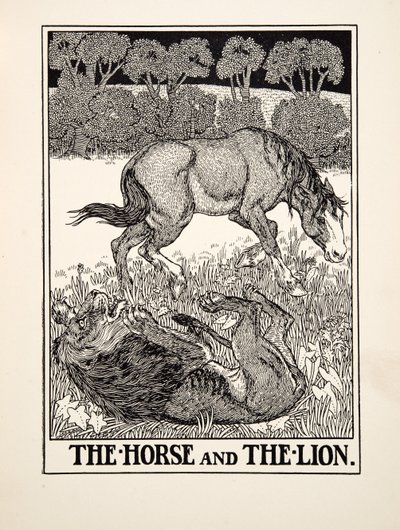 馬とライオン、イソップの百寓話、pub.1903から 作： Percy J. Billingshurst