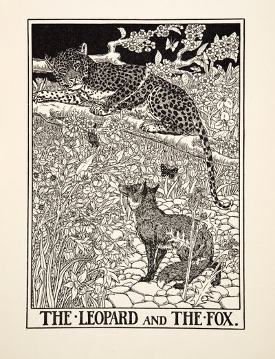 ヒョウとキツネ、イソップの百寓話、pub.1903から 作： Percy J. Billingshurst
