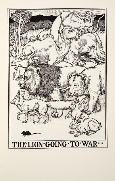 ライオンは戦争に行く、フォンテーヌ寓話、パブから。 1905 作： Percy J. Billingshurst