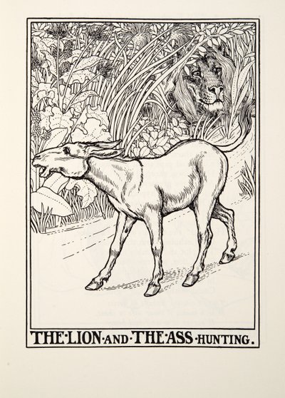ライオンとお尻の狩猟、フォンテーヌ寓話、パブから。 1905 作： Percy J. Billingshurst