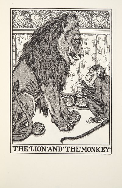 ライオンと猿、フォンテーヌ寓話、パブから。 1905 作： Percy J. Billingshurst