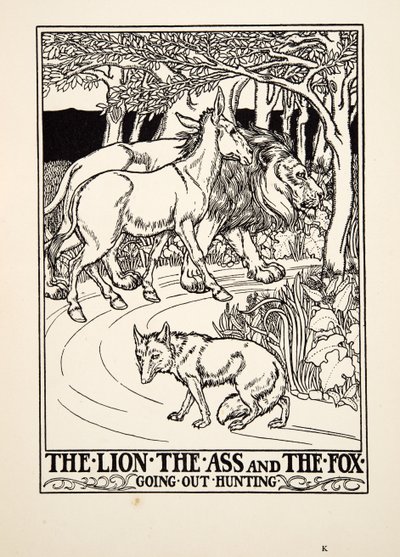 狩りに出かけるライオン、ロバ、キツネ（『イソップの百物語』1903年刊より）（エングレーヴィング 作： Percy J. Billingshurst