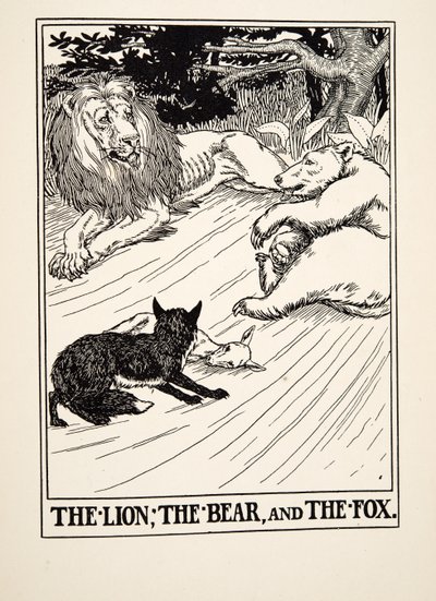 ライオン、クマとキツネ、イソップの百寓話、pub.1903 作： Percy J. Billingshurst
