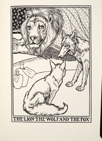 ライオン、狼と狐、フォンテーヌ寓話、パブから。 1905 作： Percy J. Billingshurst