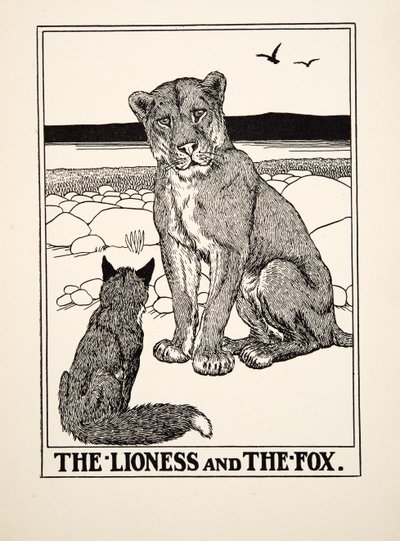 雌ライオンと狐、イソップの百寓話、pub.1903 作： Percy J. Billingshurst