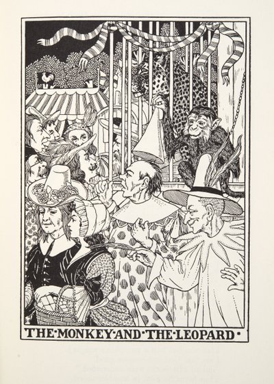 フォンテーヌ寓話、パブからの猿とヒョウ。 1905 作： Percy J. Billingshurst