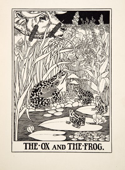 雌牛とカエル、イソップの百寓話、pub.1903から 作： Percy J. Billingshurst