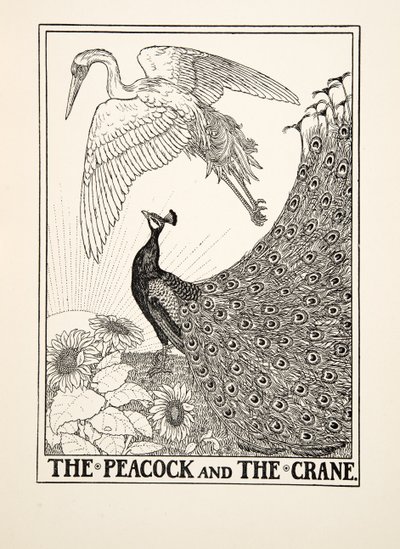 ピーコックとツル、イソップの百寓話、pub.1903から 作： Percy J. Billingshurst