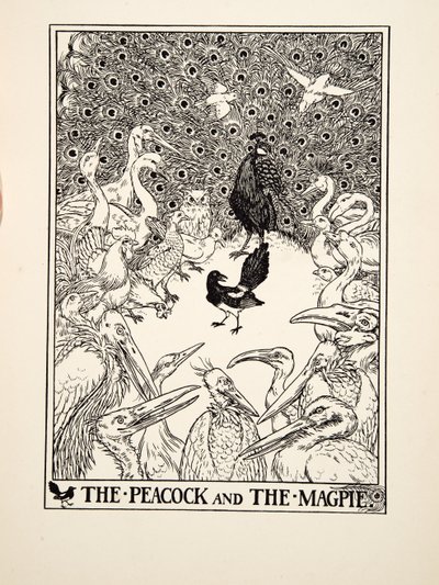 クジャクとカササギ」（イソップの百物語より）1903年刊（彫刻 作： Percy J. Billingshurst