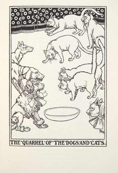 フォンテーヌ寓話、パブからの犬と猫の喧嘩。 1905 作： Percy J. Billingshurst