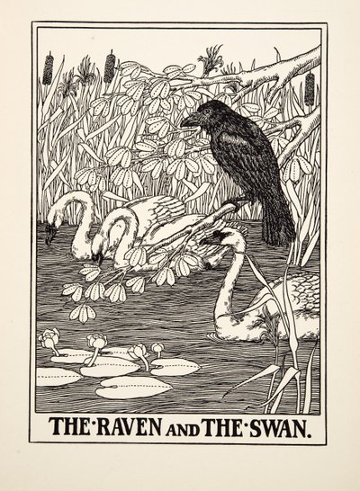 レイヴンと白鳥、イソップの百寓話、pub.1903 作： Percy J. Billingshurst