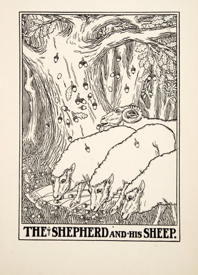 イソップ寓話集』より「羊飼いと羊」（1903年刊）。 作： Percy J. Billingshurst