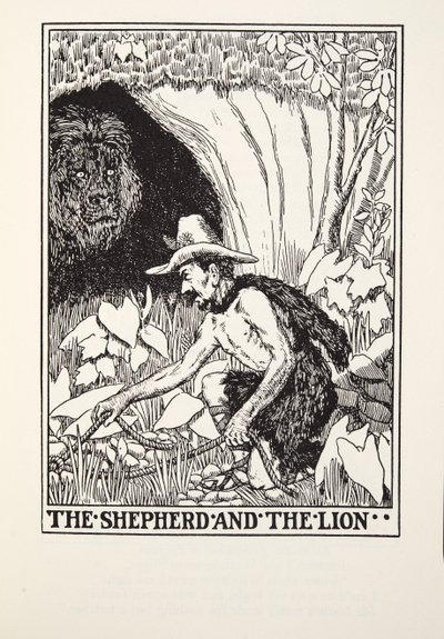 羊飼いとライオン、フォンテーヌ寓話、パブから。 1905 作： Percy J. Billingshurst