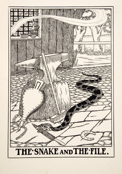 蛇とヤスリ」（イソップ寓話集、1903年刊）より（彫刻作品 作： Percy J. Billingshurst