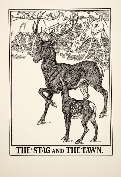 『クワガタと子鹿』、イソップの百寓話、pub.1903 作： Percy J. Billingshurst