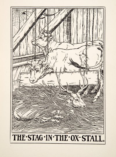 イソップ寓話集』より「牛小屋の牡鹿」（1903年刊）（彫刻 作： Percy J. Billingshurst