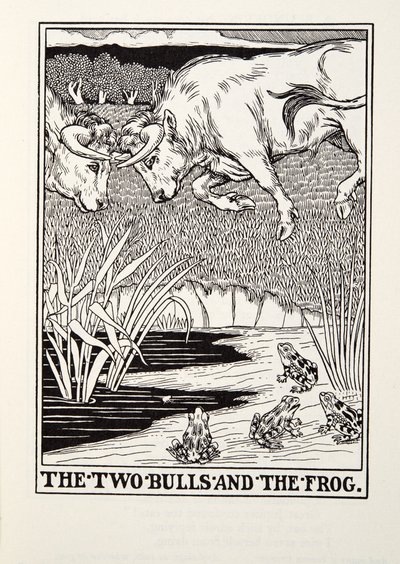 フォンテーヌ寓話、パブからの2つの雄牛とカエル。 1905 作： Percy J. Billingshurst