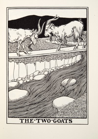 フォンテーヌ寓話、パブからの2つのヤギ。 1905 作： Percy J. Billingshurst