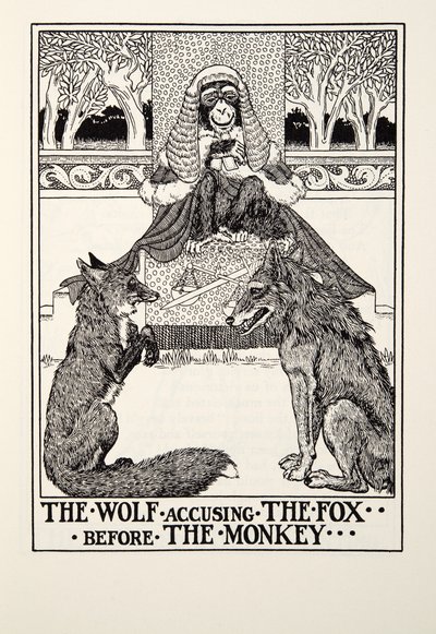 フォンテーヌ寓話、パブから猿の前にキツネを非難するオオカミ。 1905 作： Percy J. Billingshurst