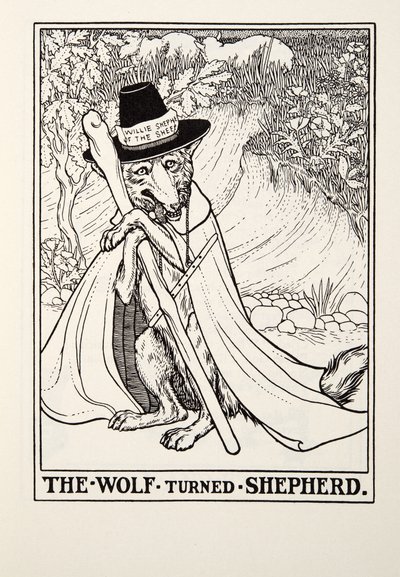 ウルフ・ターンド・シェパード、フォンテーヌ寓話、パブ。 1905 作： Percy J. Billingshurst