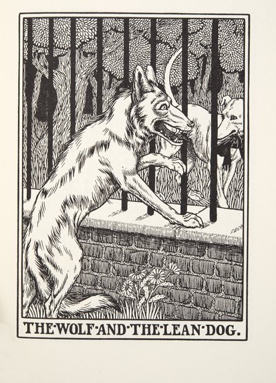 狼と痩せた犬』（フォンテーヌ寓話集より）。1905年（彫刻 作： Percy J. Billingshurst