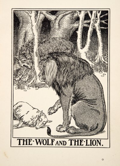 オオカミとライオン」（イソップ寓話集、1903年刊）より（彫刻 作： Percy J. Billingshurst