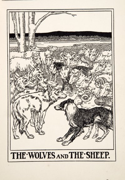イソップ寓話集』より「狼と羊」、1903年刊（彫刻 作： Percy J. Billingshurst
