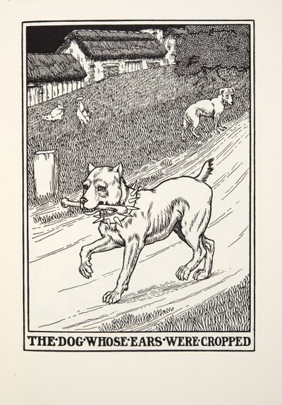 フォンテーヌ寓話、パブから耳がトリミングされたThr犬。 1905 作： Percy J. Billingshurst