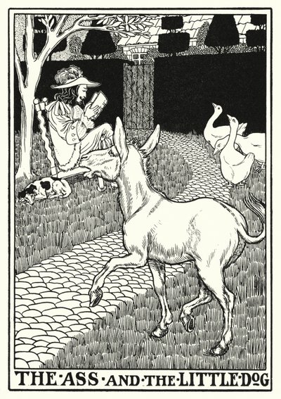 ラ・フォンテーヌの寓話: ロバと小さな犬 (litho) 作： Percy James Billinghurst