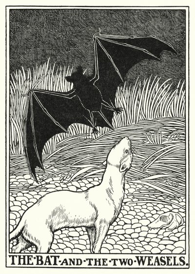 ラ・フォンテーヌの寓話: コウモリと 2 匹のイタチ (litho) 作： Percy James Billinghurst
