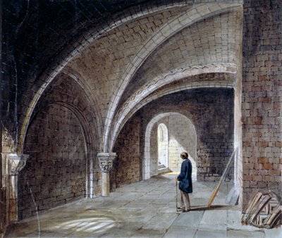 1855 年、シティ オブ ロンドン、ウッド ストリート スクエア、壁に囲まれたセント ジェームズ教会の下の地下室。 作： Percy William Justyne