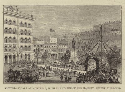 モントリオールのビクトリア広場、女王陛下の像が最近建てられました 作： Percy William Justyne