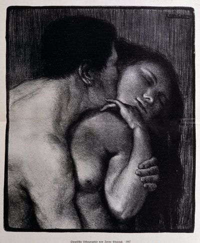 女性にキスをする男性。 Pere Torne-Esquius (Torne Esquius) によるリトグラフ 作： Pere Torne Esquius