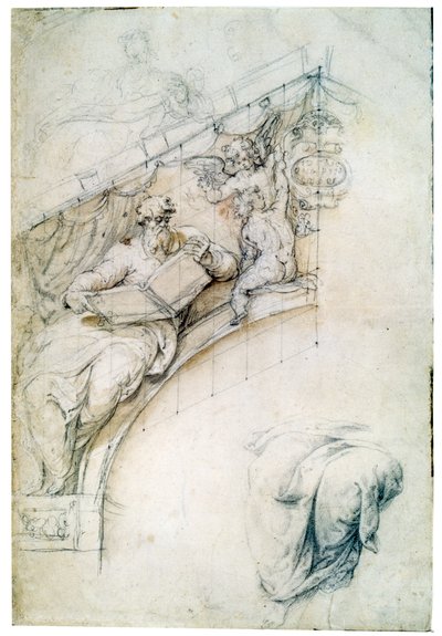 預言者と2つのPuttos、c1525で入口のアーチの上の壁の装飾 作： Perino del Vaga