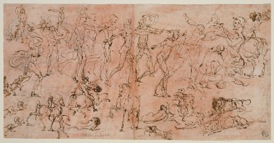戦士、騎手、ライオンの研究 (直訳); 頭部と裸体像、天井図、碑文の研究 (裏面) 作： Perino del Vaga