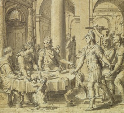 ストーリーオブアエネアスシリーズのタペストリーのモデル、ディドとアエネアスの宴、c.1532（紙の上にペンとインクとウォッシュ） 作： Perino del Vaga