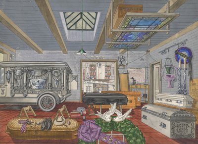 葬儀場のガレージ、1917年、1935年1942年。 作： Perkins Harnly