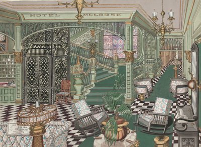 メルローズホテルのロビー、1880年頃。 1947年。 作： Perkins Harnly