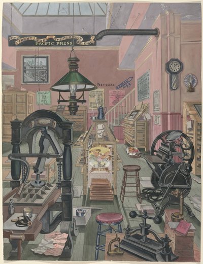 プリントショップ、1870年 作： Perkins Harnly
