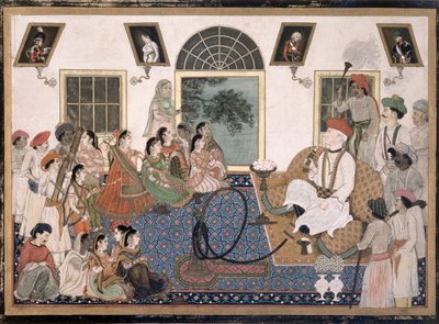 ヨーロッパ人、おそらくデビッド・オクタロニー卿（1758-1825）、インドのドレスを着て、水ギセルを吸って、デリーの彼の家でナッチを見ている、1820年頃（紙にインクとカラー） 作： Persian School