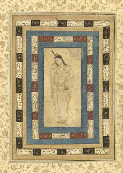 立っている女性、イスファハン、c.1620-25（紙にインク、不透明なトイレ、金） 作： Persian School