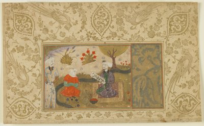 ストリームで会話するカップル、c.1500（不透明な水彩、インク、紙に金） 作： Persian School