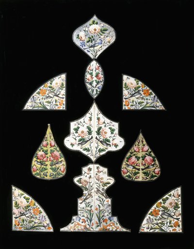 19世紀初頭、さまざまな花と止まった鳥で飾られた10枚のカジャール鏡の絵画のグループ 作： Persian School