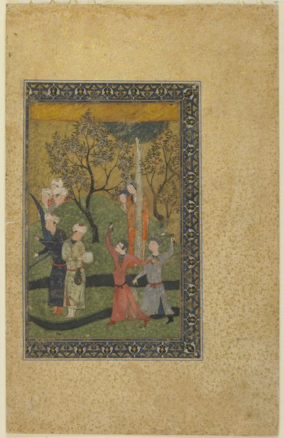 庭で廷臣たちに囲まれた王子と王女、1480年頃 作： Persian School