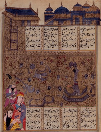 追加 19766 fol.342 「Kharvarnama」より、ミュージシャンの話を聞くダル 作： Persian School